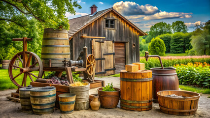 A rustic farmhouse yard with a vintage grain crusher, wooden barrels, and farming tools, farmhouse, yard, agricultural, objects