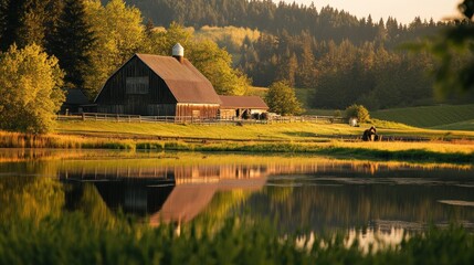 Canvas Print - Serene Barn by the Lake