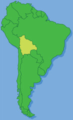 Highlighted map of BOLIVIA inside detailed blank flat political map of South (Latin) American continent on isolated background