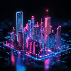 Wall Mural - Neon city skyline with glowing lights and circuit board.