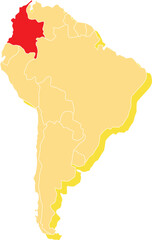 Highlighted map of COLOMBIA inside detailed blank flat political map of South (Latin) American continent on isolated background