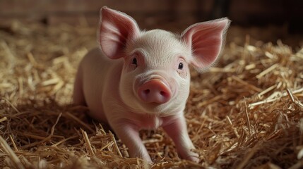 Wall Mural - Cute Piglet in Hay