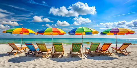 Sunny day at the beach with colorful beach umbrellas and lounge chairs, beach, summer, vacation, sand, sea