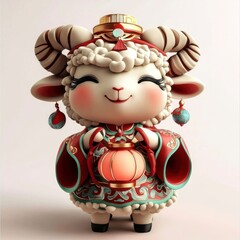 Canvas Print - Cute Sheep in Traditional Chinese Costume Holding Lantern