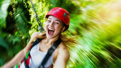 Excited young woman ziplining in nature, close-up of happy face with safety helmet, active lifestyle, eco-tourism adventure, dynamic background, website header with copy space for travel. Generative A