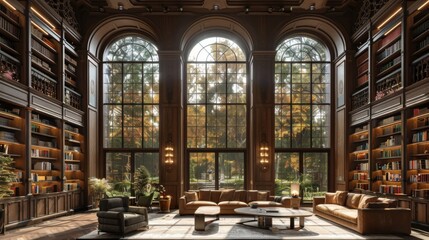 Poster - Grand Library with Autumnal Views