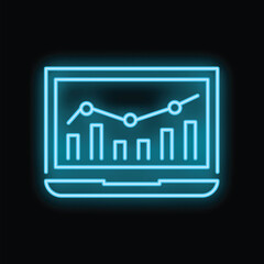 Canvas Print - Blue neon icon of a laptop displaying a growing chart, representing business analytics and data analysis