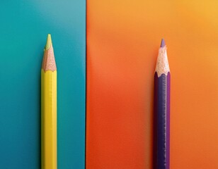 Two colored pencils, one light blue and one dark blue, placed on a background of vibrant orange, yellow, and teal paper, creating a colorful, artistic composition.