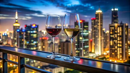 Two glasses of red and white wine sit on a balcony overlooking a vibrant city skyline at dusk, with bright lights illuminating the scene.