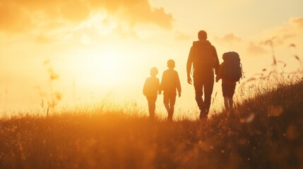 A family, a father and two sons, hiking in the wilderness at sunset.