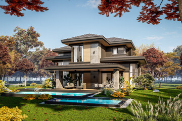 3d rendering of modern two story house with gray and wood accents, large windows, parking space in the right side of the building, surrounded by trees and bushes, daylight in autumn day