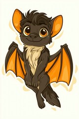 Canvas Print - Cute Cartoon Bat With Big Eyes and Orange Wings