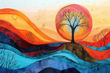 A stylized, abstract painting of a decorative landscape.