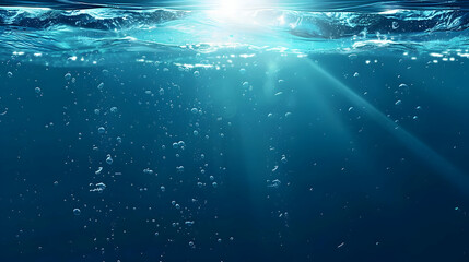 Abstract Underwater Scene with Sunbeams and Air Bubbles in Deep Blue Water