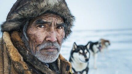 A close-up shot captured the portrait of a tribal fisherman, who firmly guided the sled dog through the vast frozen ocean. His resolute expression showcases the resilience and strength of Arctic life.