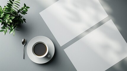 a4 mockup 2 pages on a table with a cup of coffee and a plant