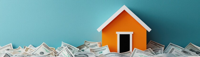 a vibrant orange house surrounded by piles of money, symbolizing real estate investment and financia