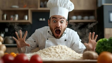 Canvas Print - A man in a chef hat standing over piles of food, AI