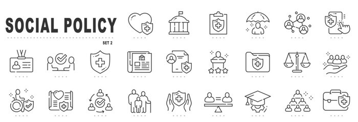 Set of social policy related line icons. Service, insurance, government, society etc. Editable stroke