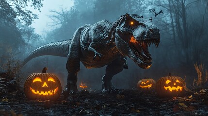 Wall Mural - T-Rex with jack-o'-lanterns, Halloween mist, dark landscape, 3D illustration