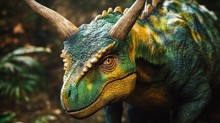 Close-up of a Green and Yellow Dinosaur with a Long Horn 