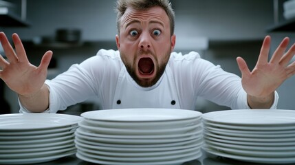 Poster - A man in a white shirt with his hands up over the plates, AI