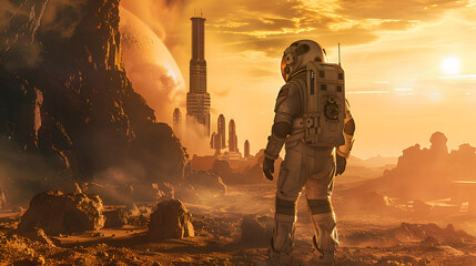 Wall Mural - An astronaut in a spacesuit on the surface of an uncharted planet. AI Generated