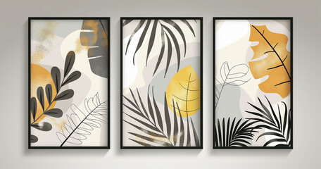 Wall Mural - three canvases of vertical black frame, grey solid background