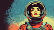 © Best_Seller - Woman astronaut serving as captain of a spaceship in a science fiction setting, illustrated in a retro style pop art.