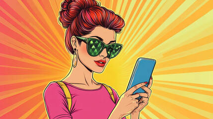 Young woman using a smartphone to receive likes, love, and support online, depicted in a pop art retro vector illustration.