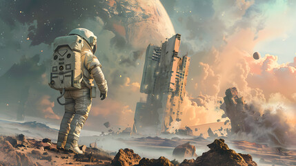 Wall Mural - An astronaut in a spacesuit on the surface of an uncharted planet. AI Generated