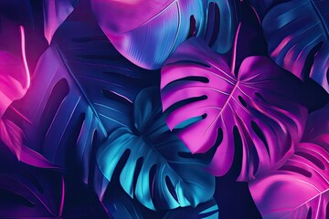 Wall Mural - Vibrant neon leaves create a striking tropical pattern, perfect for modern design and artistic backgrounds.