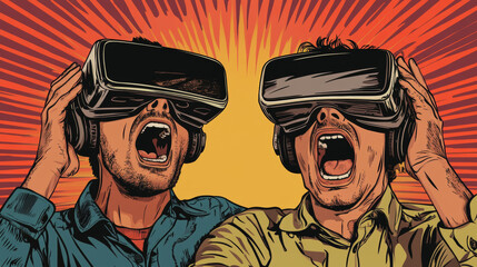 A pop art retro vector illustration of two men wearing VR glasses, expressing fear and panic as they scream. The artwork features vibrant colors and bold lines, capturing the exaggerated emotions.