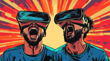 A pop art retro vector illustration of two men wearing VR glasses, expressing fear and panic as they scream. The artwork features vibrant colors and bold lines, capturing the exaggerated emotions.