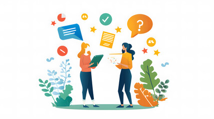 A flat vector illustration shows two people talking to each other over the phone One person is holding up documents and question marks with speech bubbles above their head 