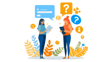 A flat vector illustration shows two people talking to each other over the phone One person is holding up documents and question marks with speech bubbles above their head 