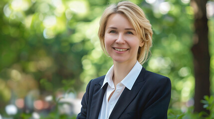 Successful middle-aged businesswoman in business suit standing in sunny park with smile on face