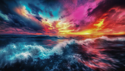 Vibrant sunset over a crashing ocean, blending vivid colors with dramatic clouds