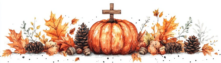 A pumpkin with a wooden cross on Halloween scene