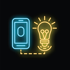 Poster - Neon sign depicting a smartphone linked to a shining light bulb, representing the power of mobile devices in sparking creativity and innovation