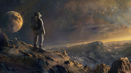 Wall Mural - An astronaut in a spacesuit on the surface of an uncharted planet. AI Generated