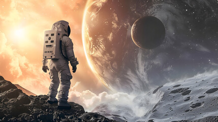 Wall Mural - An astronaut in a spacesuit on the surface of an uncharted planet. AI Generated