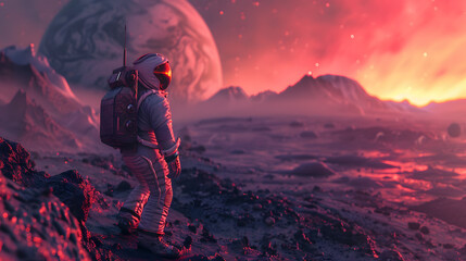 Wall Mural - An astronaut in a spacesuit on the surface of an uncharted planet. AI Generated