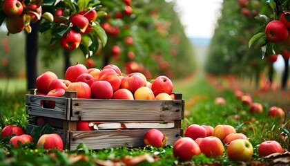 Harvested apples in rustic wooden crate under bountiful orchard, celebrating healthy summer fruits for vibrant farm and harvest-themed designs