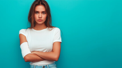 Young woman in white t-shirt with her arms crossed stands against turquoise background, wearing bandage on her arm, symbolizing recovery or healthcare