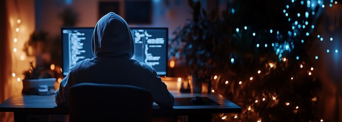 a hooded figure coding in the dark, illuminated by screen light and festive decor, creating a myster
