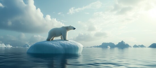 a majestic polar bear stands on an iceberg, surrounded by tranquil waters under a cloudy sky, depict