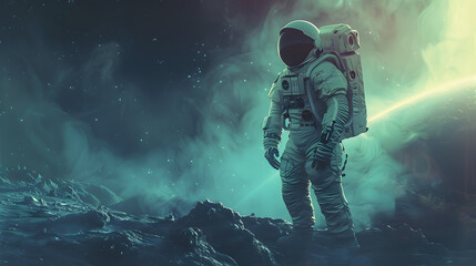 Wall Mural - An astronaut in a spacesuit on the surface of an uncharted planet. AI Generated