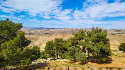 A mountainous desert landscape, Jordan, Middle East with a clear and beautiful sky 