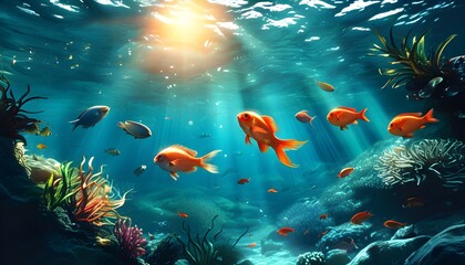 Tropical Underwater Paradise with Sunlit Marine Life and Colorful Fish